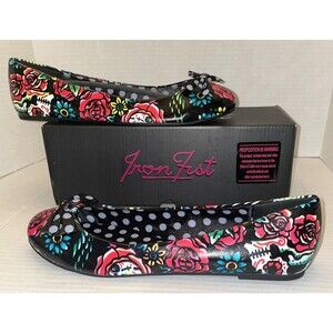 Iron Fist Womens Size 11 Ballet Flats Shoes Flower Roses Polka Dot Bow NEW